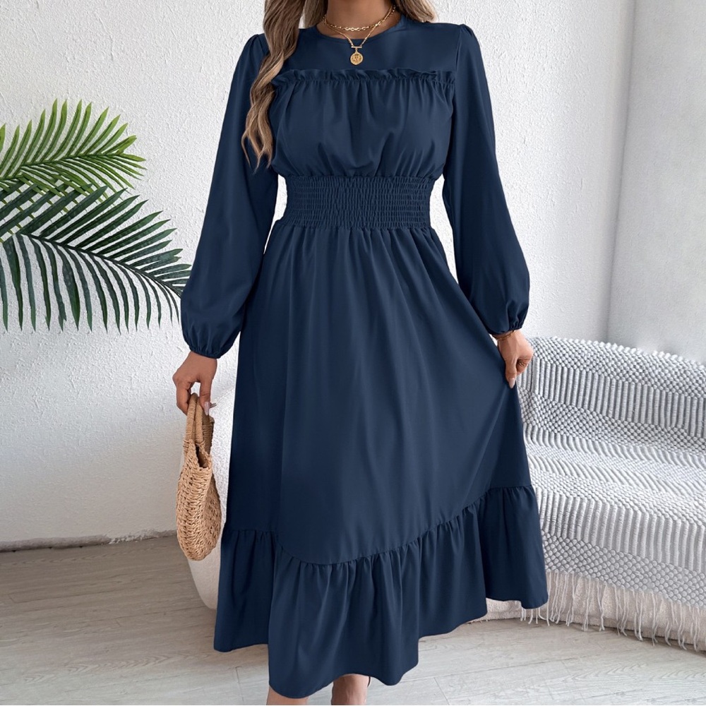 Elegant Navy Blue Long Sleeve Dress